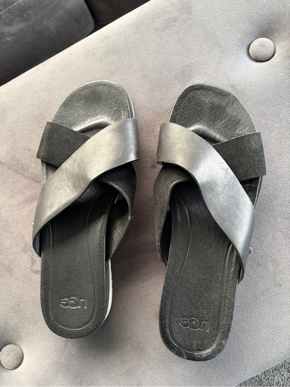 UGG Black Leather & Suede Crisscross Slide Sandals